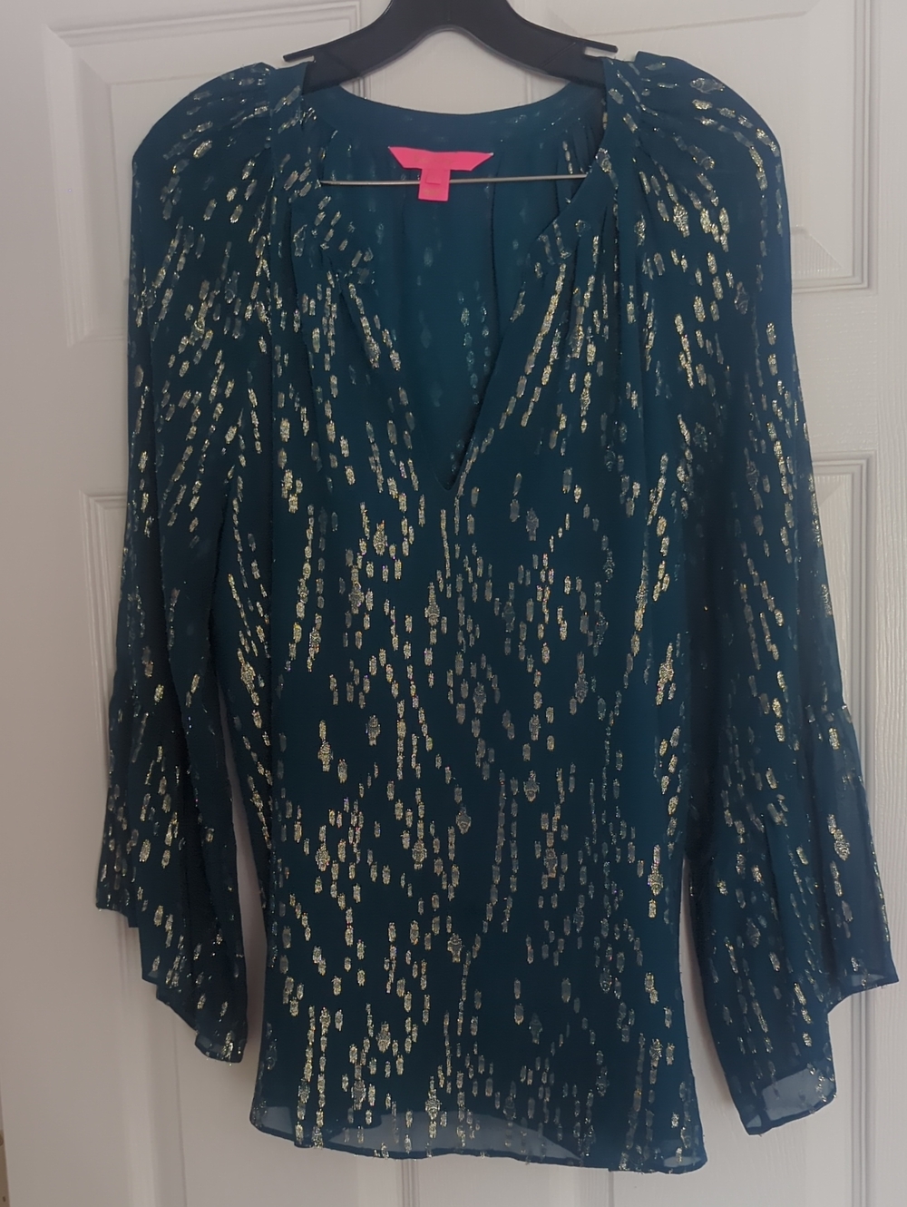 Lilly Pulitzer Teal V-Neck Silk Blouse with Gold Metallic Accents